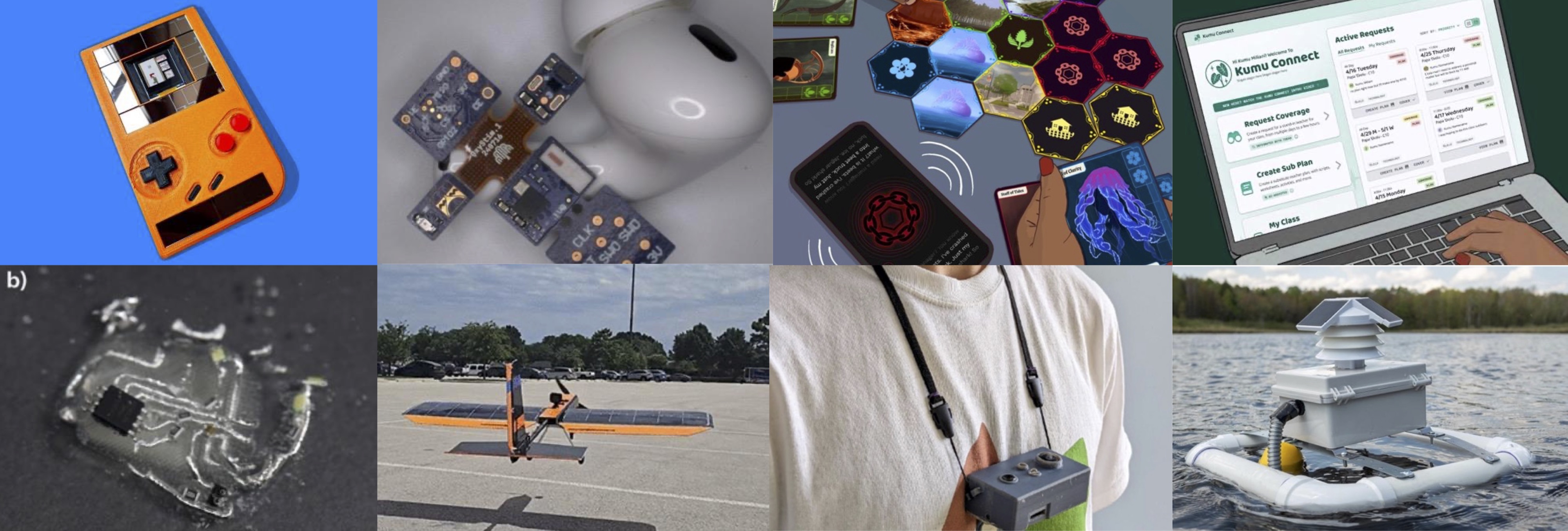 Collage of lab project visuals: battery-free Game Boy, wearable circuit boards, Kaona board game, Kumu Connect interface, a dissolvable electronic tag, a solar-powered fixed-wing UAV, a wearable sensor necklace, and a floating wetland buoy sensor.