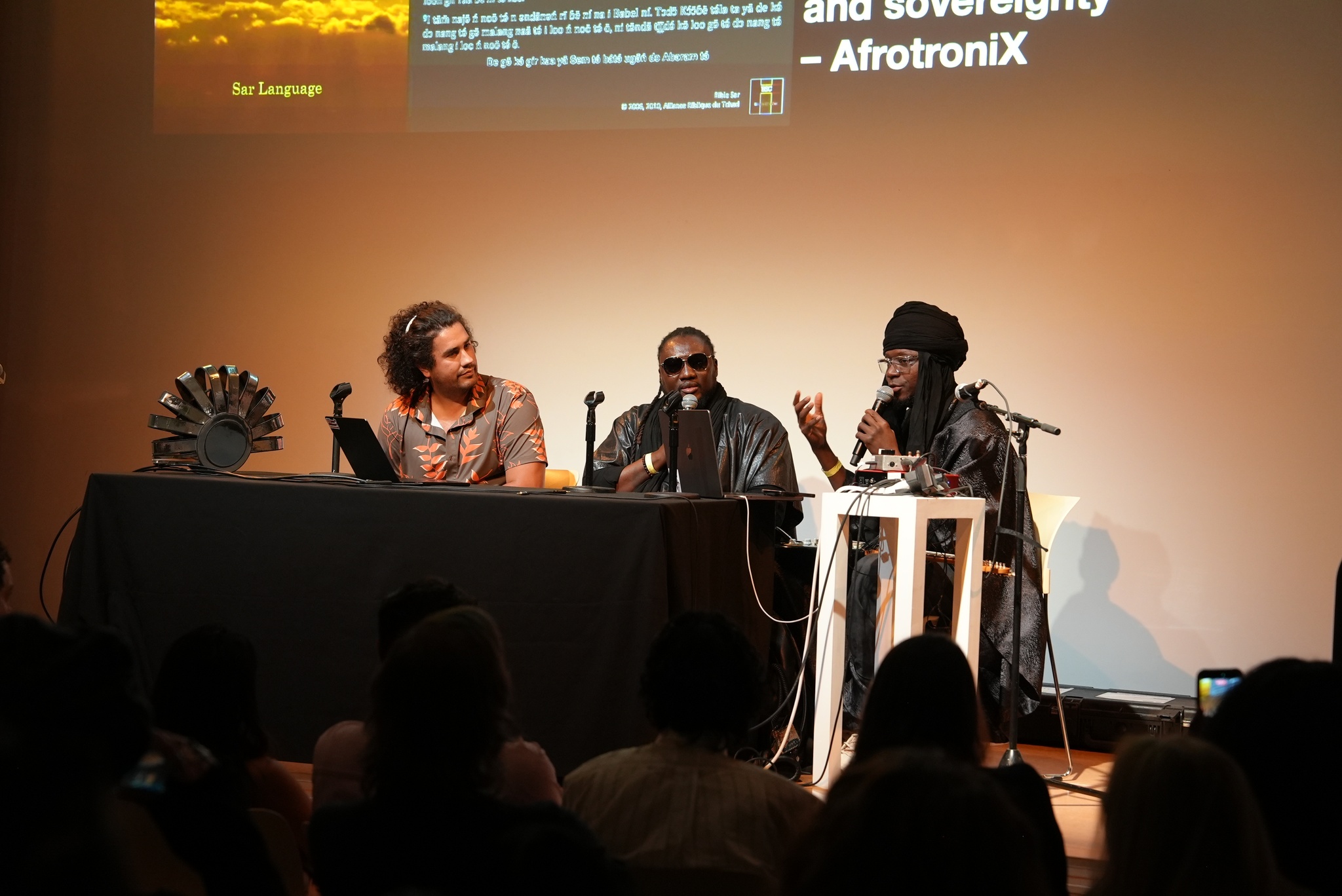 Panel discussion at Rhizome's 7x7 2026, featuring the AfrotroniX collaboration on stage at the New Museum.